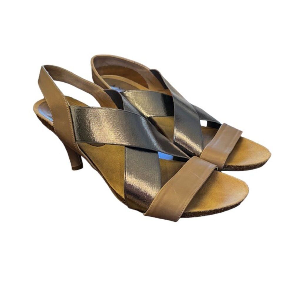 Anyi Lu Strappy Heels‎ Handmade in Italy Platinum Tan Colorblock Neutral Size 10